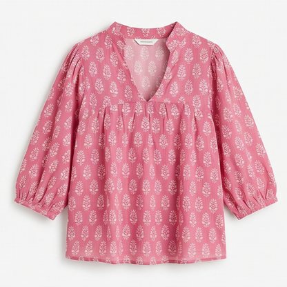 Block-Print V-Neck Summer Blouse — View 16 | Clova
