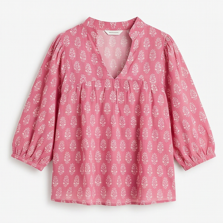 Block-Print V-Neck Summer Blouse — View 16 | Clova