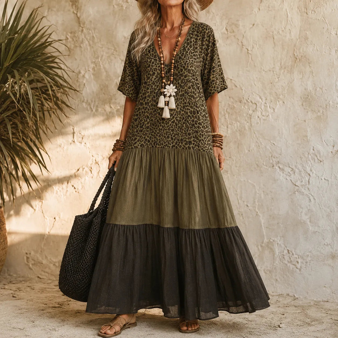 BOHO TIERED MAXI DRESS WITH LEOPARD BODICE, COLOR-BLOCK SKIRT, V-NECK