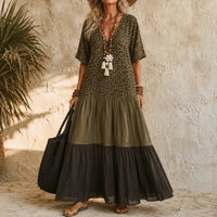 BOHO TIERED MAXI DRESS WITH LEOPARD BODICE, COLOR-BLOCK SKIRT, V-NECK