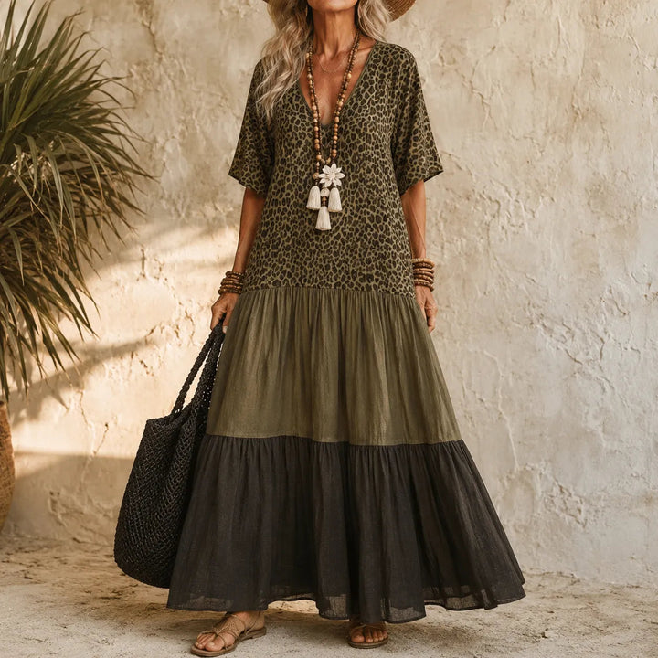 BOHO TIERED MAXI DRESS WITH LEOPARD BODICE, COLOR-BLOCK SKIRT, V-NECK