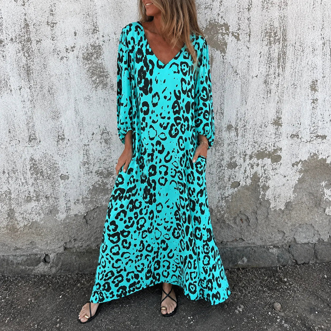 Leopard Print V-Neck Maxi Dress with Pockets, Loose Kaftan Fit, 4 Colors