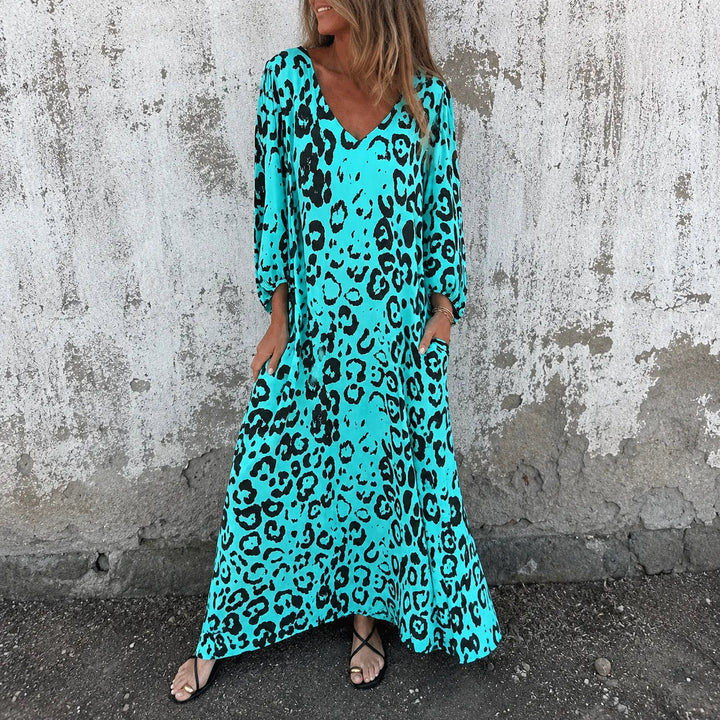 Leopard Print V-Neck Maxi Dress with Pockets, Loose Kaftan Fit, 4 Colors