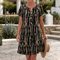 Printed A-Line Shift Dress with Short Sleeves & Buttons