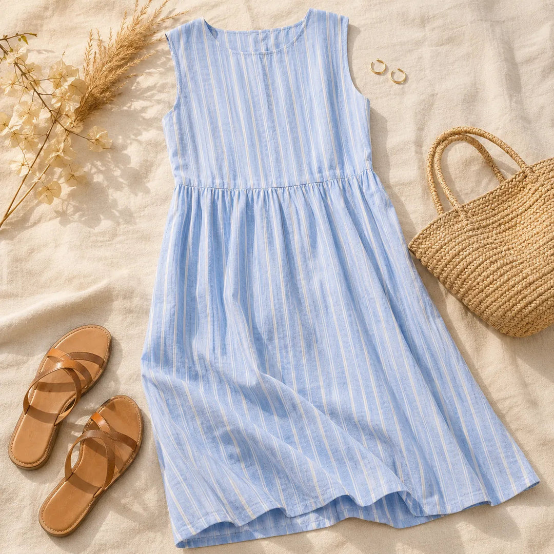 Sleeveless Striped Midi Dress with Pockets, Breezy Drop-Waist Summer Dress for Women