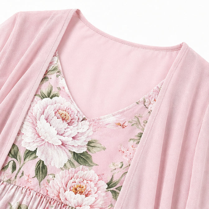 Two-Piece Floral Maxi Dress with Sheer Duster
