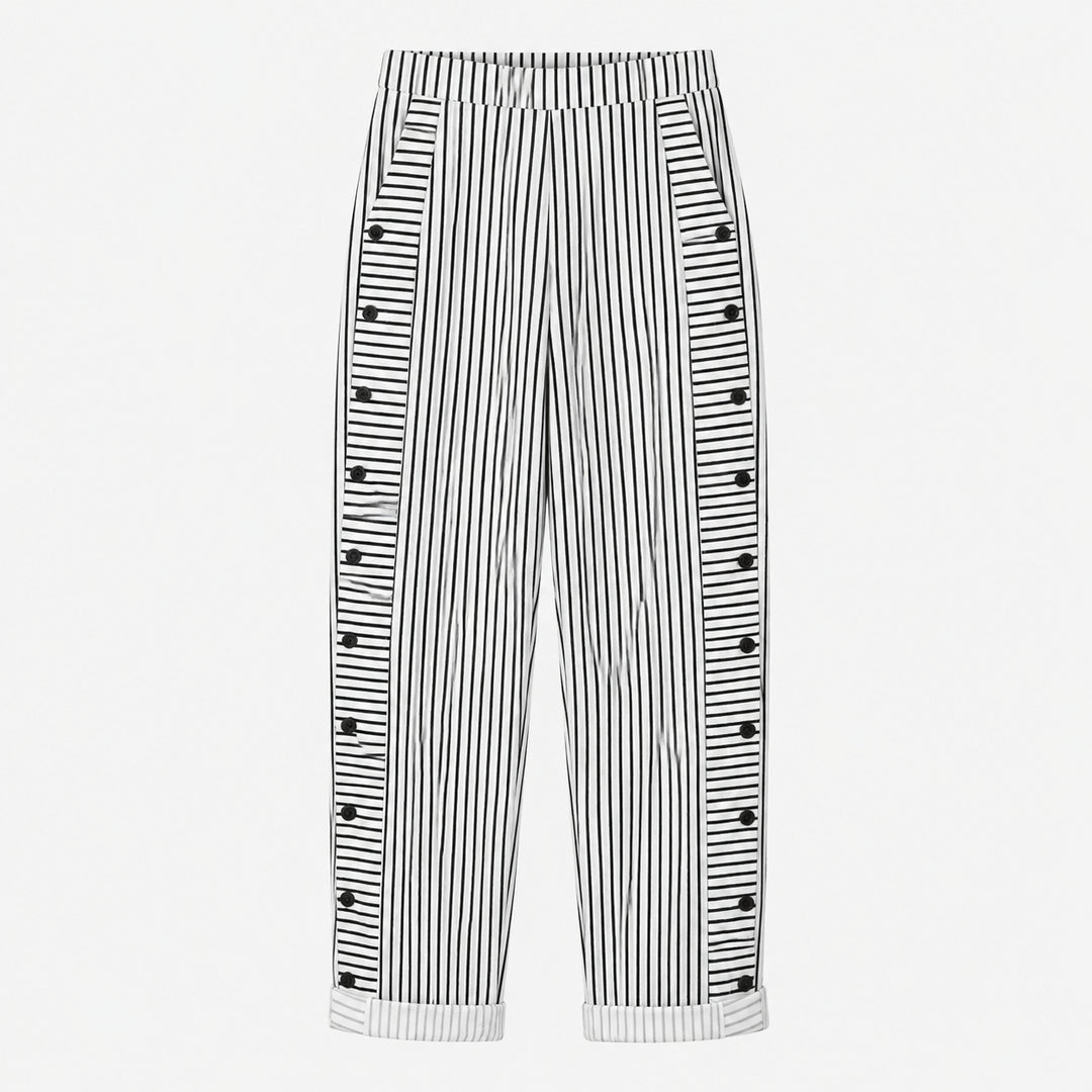 Striped Cotton Pants with Button Trim