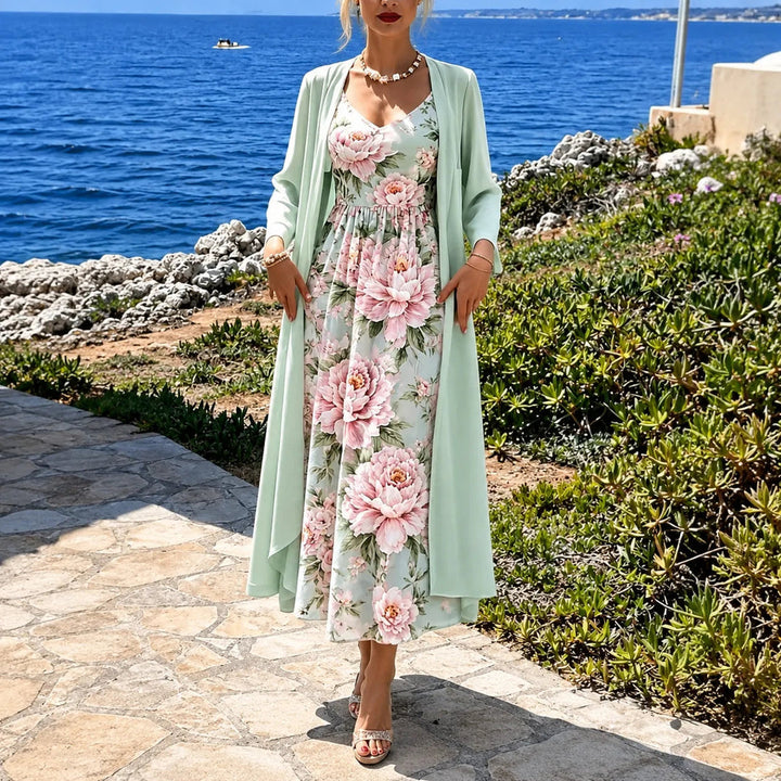 Two-Piece Floral Maxi Dress with Sheer Duster