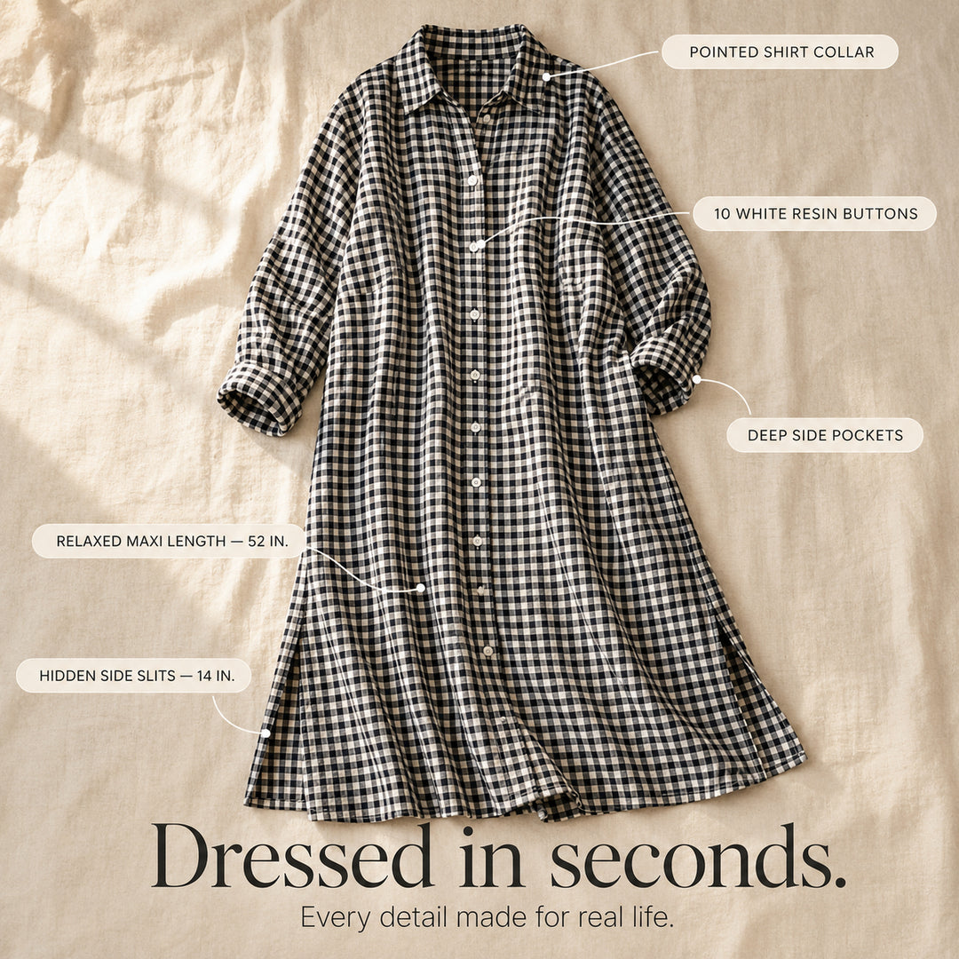 Gingham Button-Front Maxi Shirt Dress with Side Slits