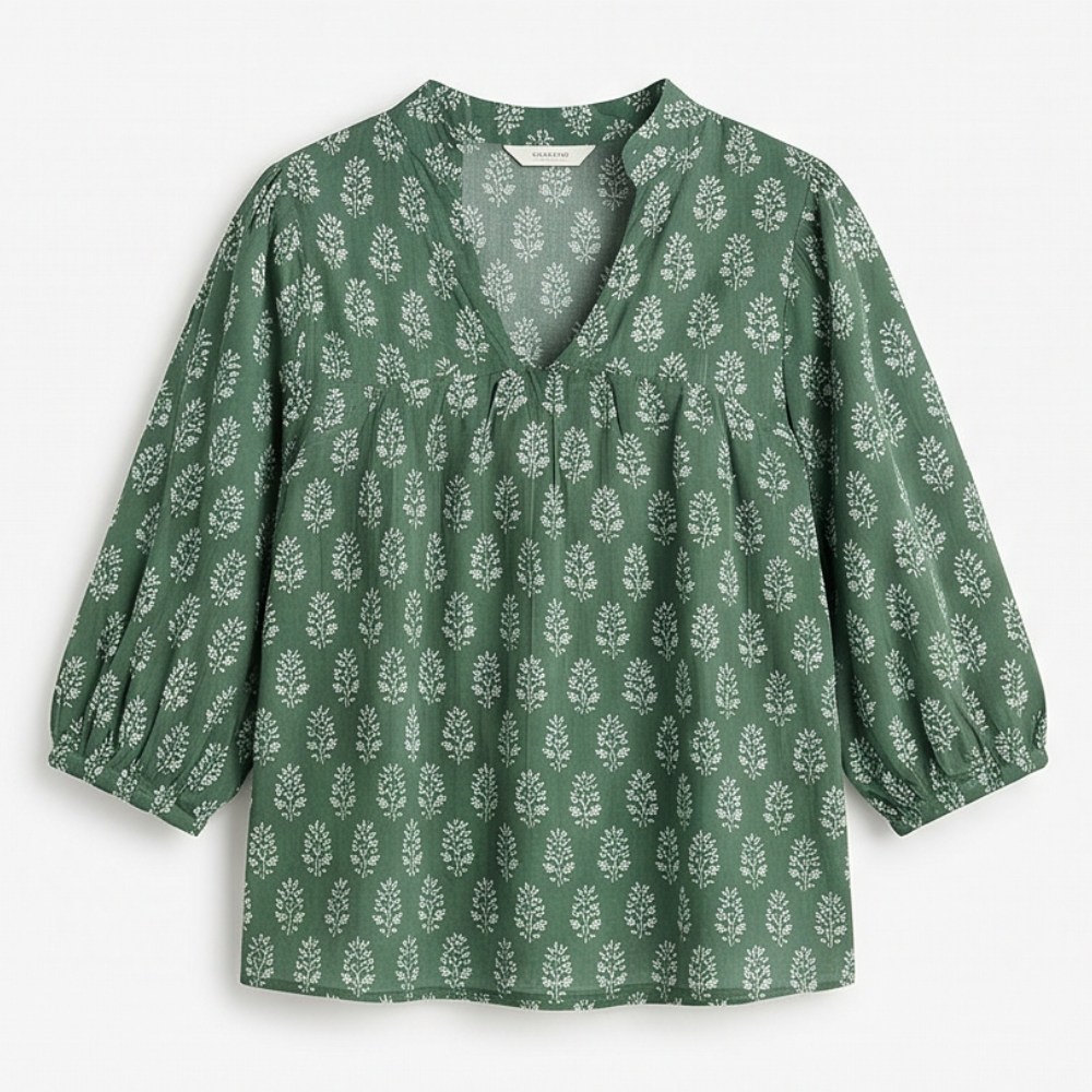 Block-Print V-Neck Summer Blouse — View 17 | Clova