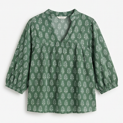 Block-Print V-Neck Summer Blouse — View 17 | Clova