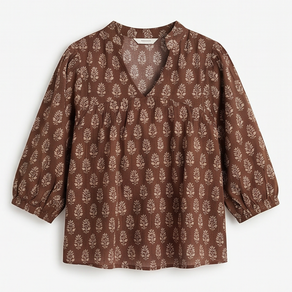 Block-Print V-Neck Summer Blouse — View 18 | Clova