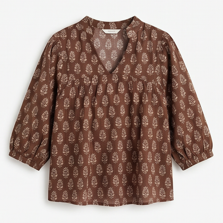 Block-Print V-Neck Summer Blouse — View 18 | Clova