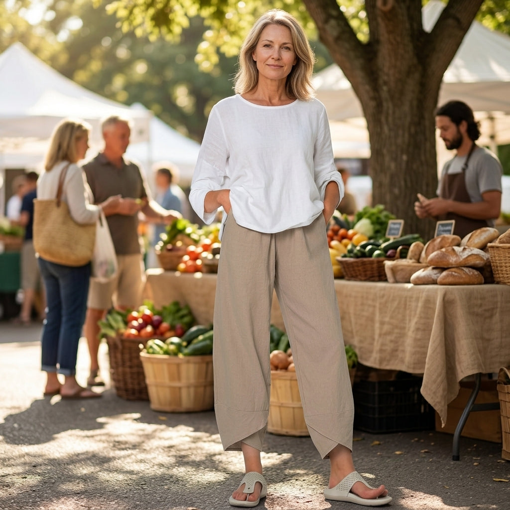 Asymmetric Linen Blend Cropped Pants