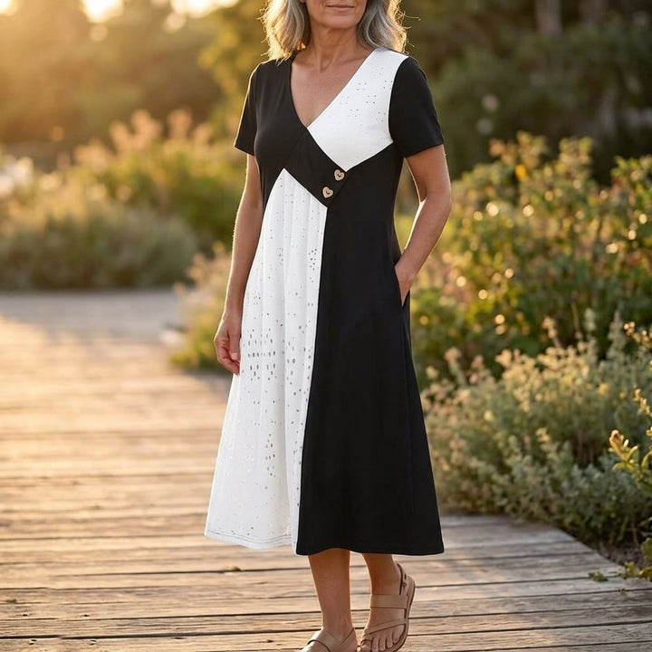 Diagonal Patchwork V Neck Midi Dress