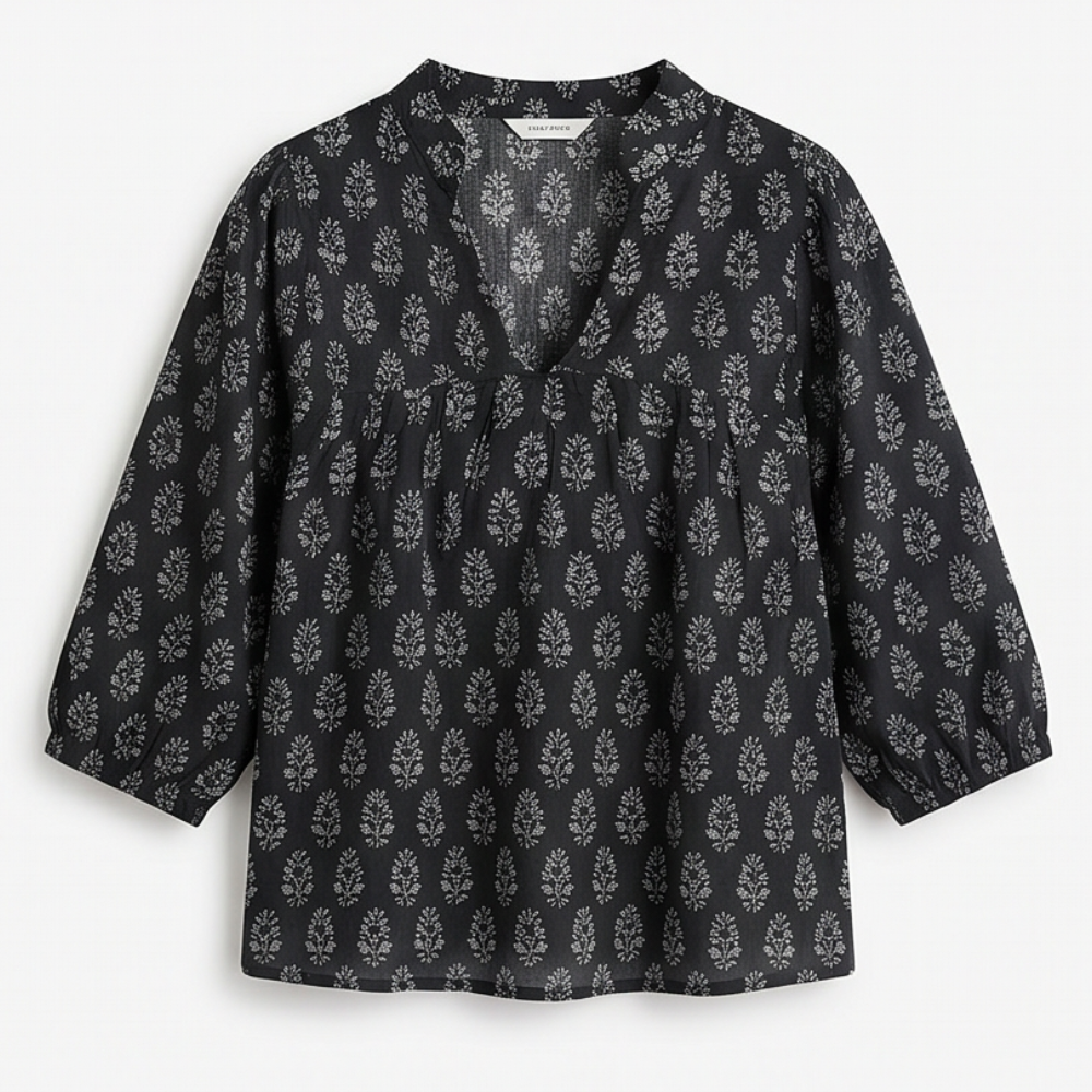 Block-Print V-Neck Summer Blouse — View 19 | Clova