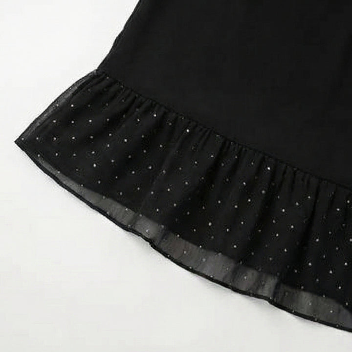 Rhinestone Mesh Sleeve Dress with Ruffle Hem