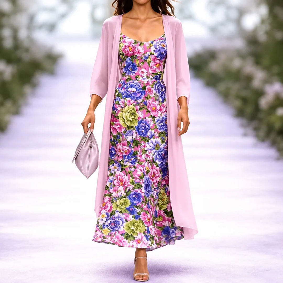 Two-Piece Floral Maxi Dress with Sheer Duster