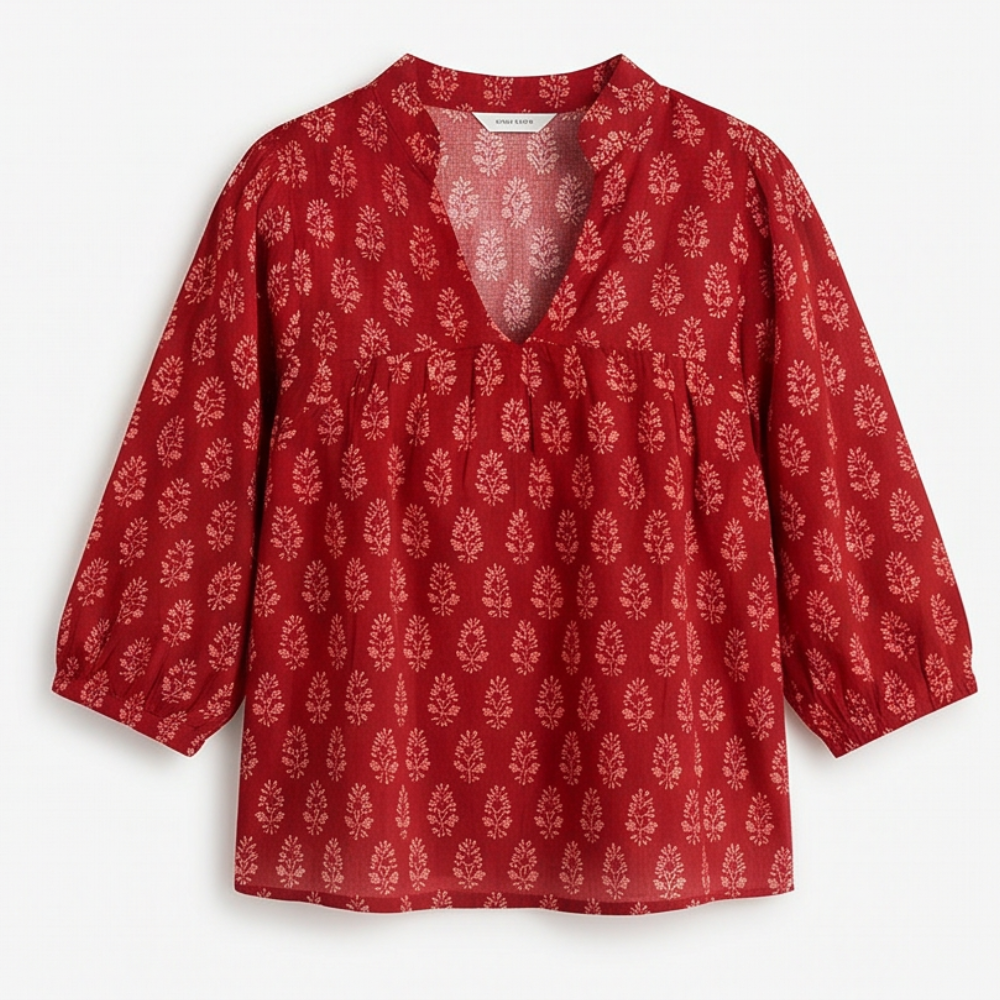 Block-Print V-Neck Summer Blouse — View 20 | Clova