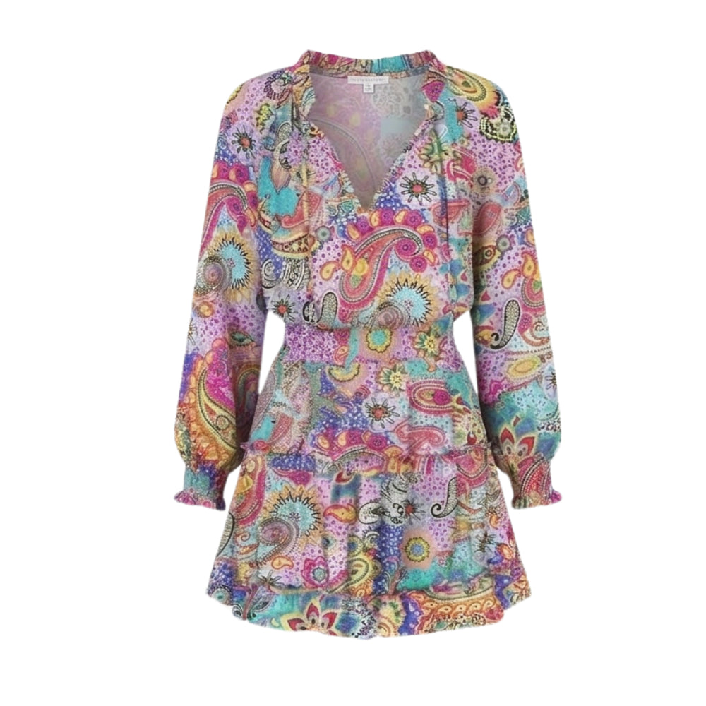 V Neck Ruffle Mini Dress with Lantern Sleeves