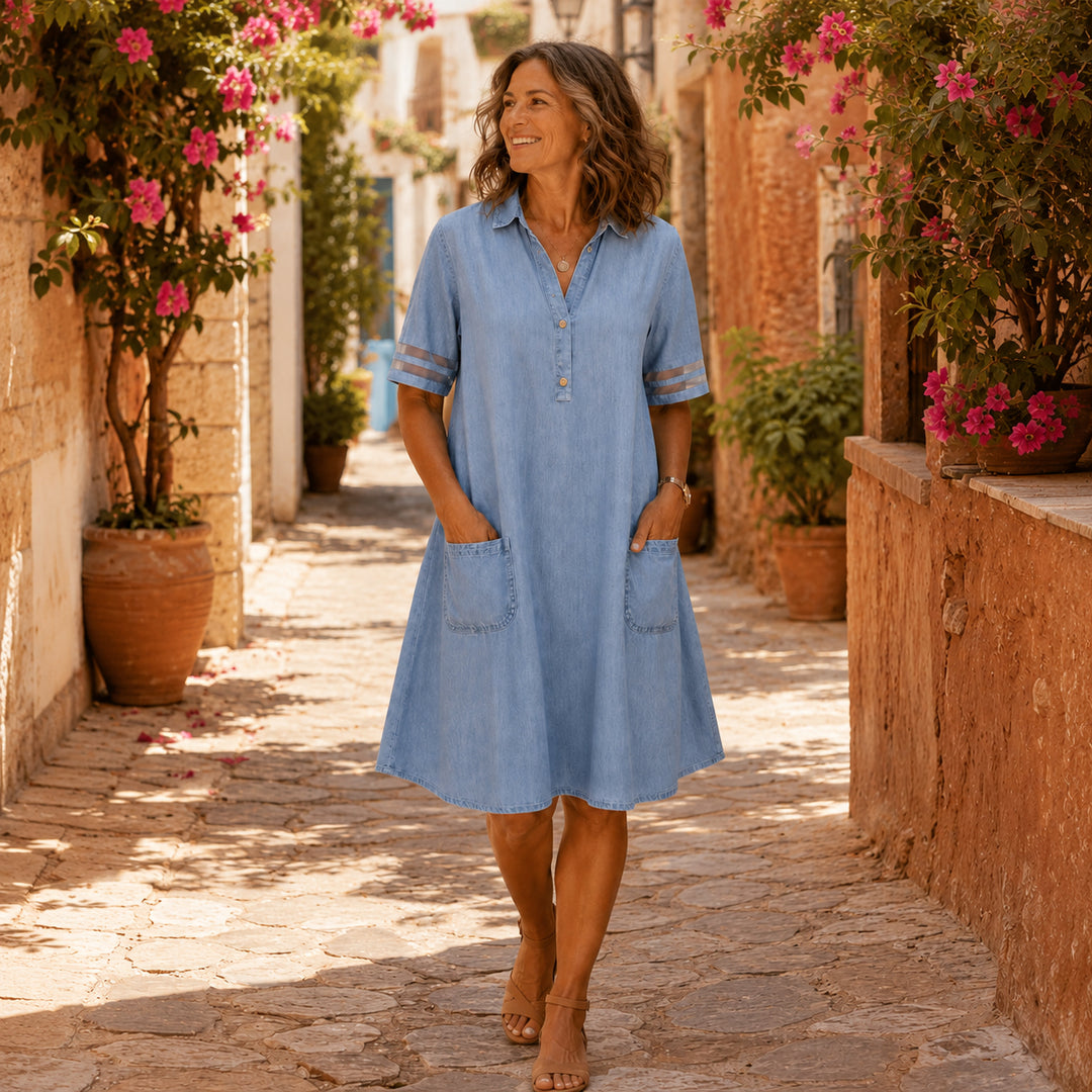 Light Denim Shirt Dress with Pockets, A-Line Mini for Women