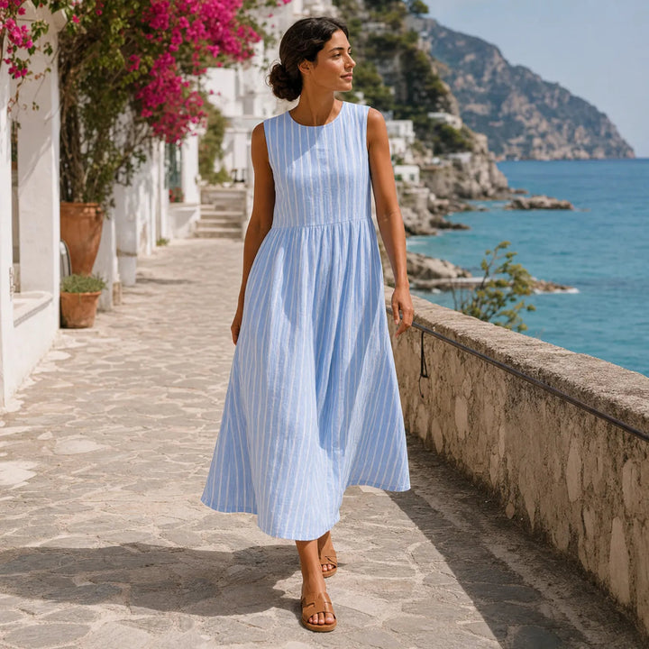 Sleeveless Striped Midi Dress with Pockets, Breezy Drop-Waist Summer Dress for Women