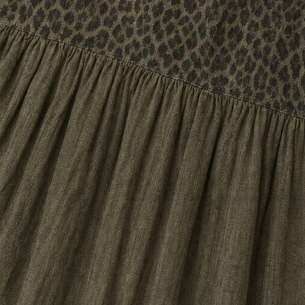 BOHO TIERED MAXI DRESS WITH LEOPARD BODICE, COLOR-BLOCK SKIRT, V-NECK