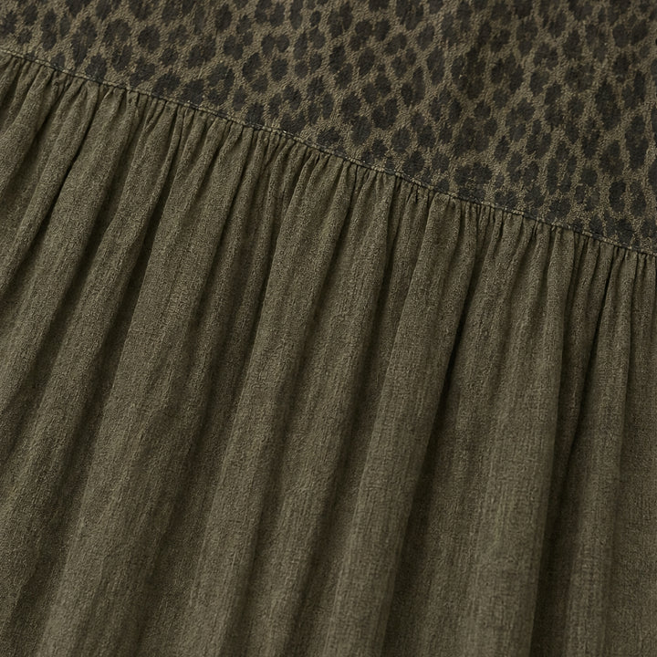 BOHO TIERED MAXI DRESS WITH LEOPARD BODICE, COLOR-BLOCK SKIRT, V-NECK