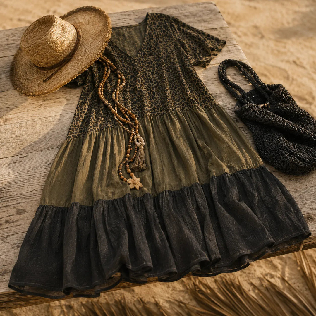 BOHO TIERED MAXI DRESS WITH LEOPARD BODICE, COLOR-BLOCK SKIRT, V-NECK