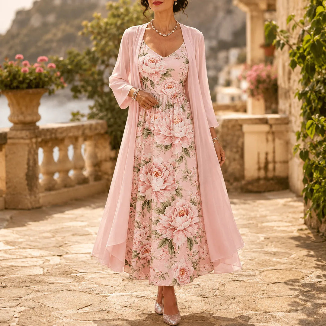 Two-Piece Floral Maxi Dress with Sheer Duster
