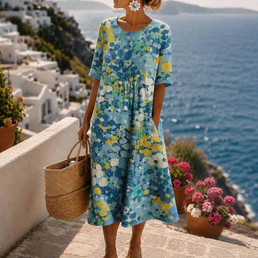 Watercolor print flowing midi dress with pockets