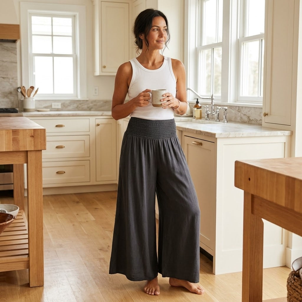 Smocked Waist Wide Leg Palazzo Pants