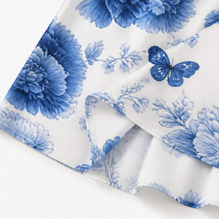 Blue Floral Peony Button-Front Maxi Shirt Dress with Pockets