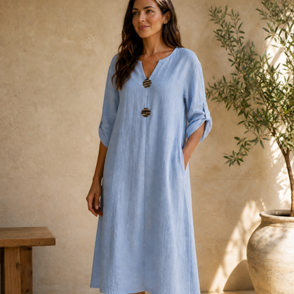 Flowy V-Neck Midi Dress with Wooden Buttons — View 12 | Clova