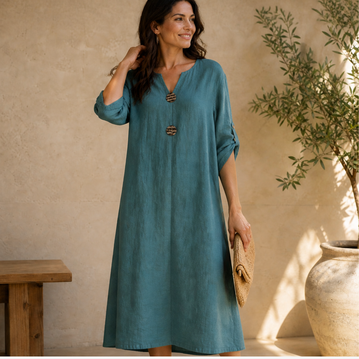 Flowy V-Neck Midi Dress with Wooden Buttons — View 13 | Clova