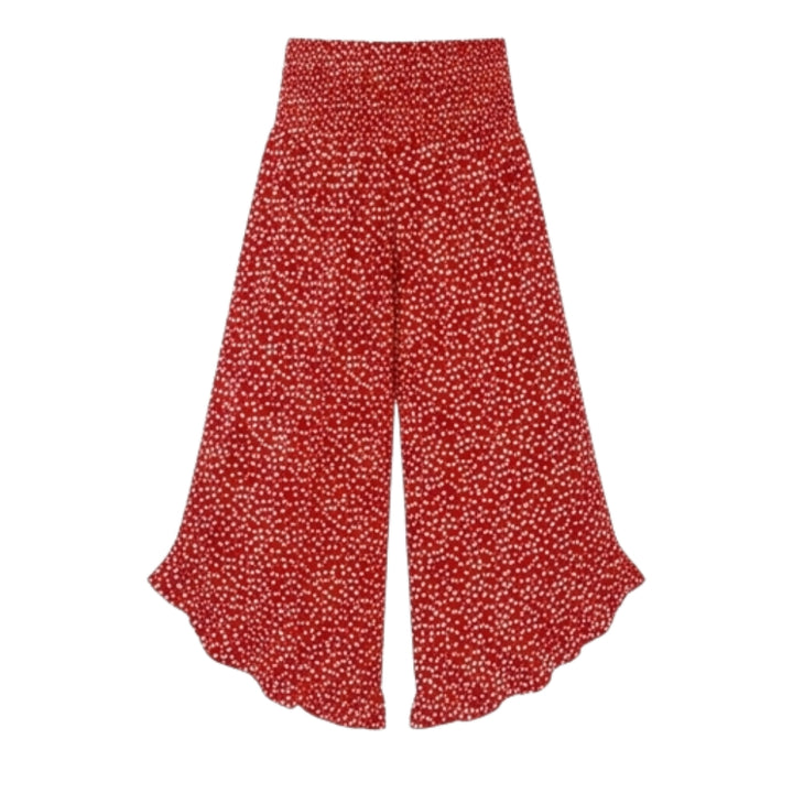 Smocked Wide-Leg Ruffle Pants