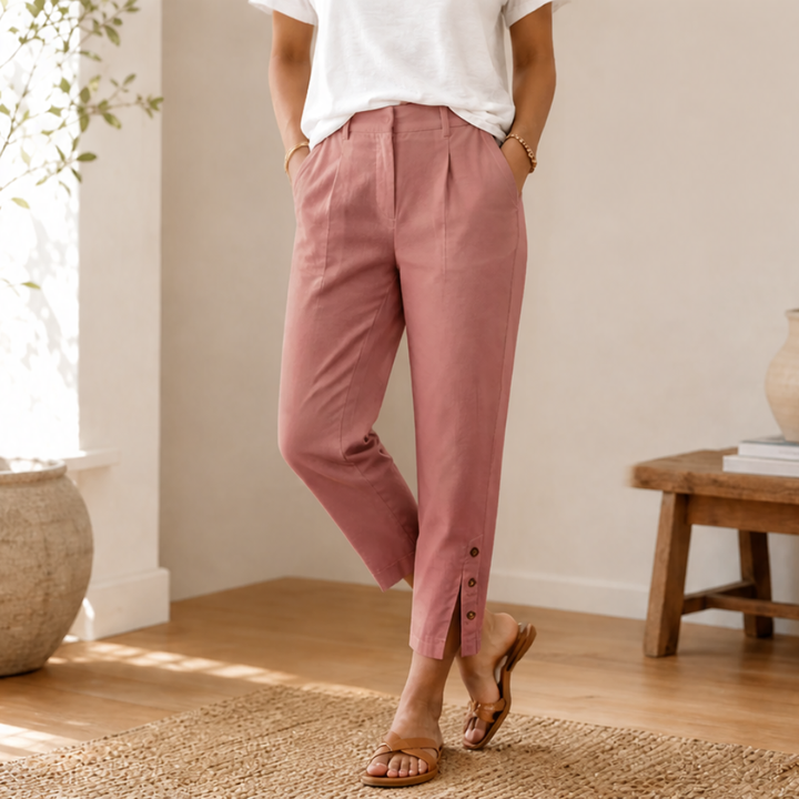 Button-Hem Cropped Cotton Pants — View 18 | Clova