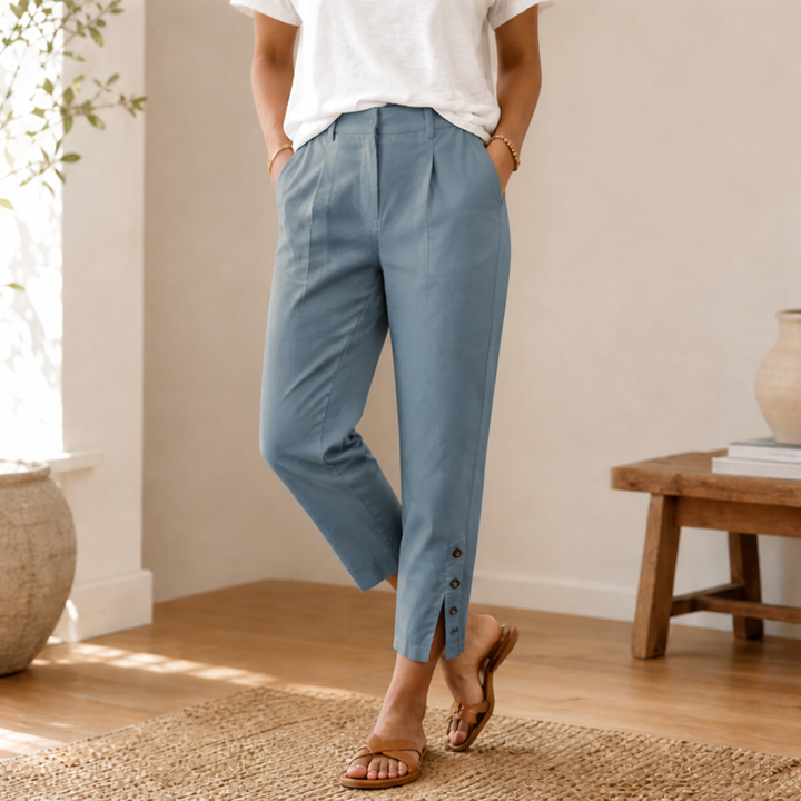 Button-Hem Cropped Cotton Pants — View 17 | Clova