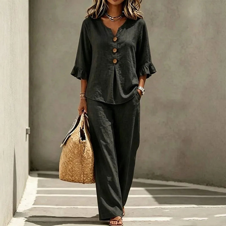 Linen-Look 2-Piece Set, Ruffle-Cuff Top &amp; Wide-Leg Trousers, Women&