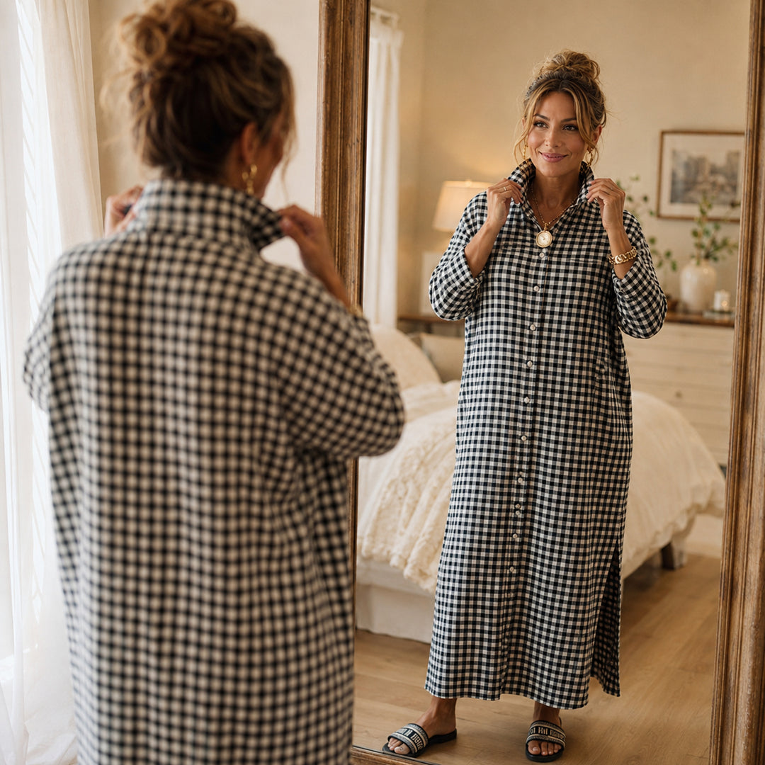 Gingham Button-Front Maxi Shirt Dress with Side Slits