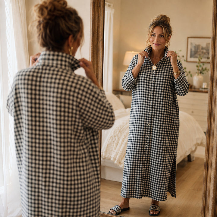 Gingham Button-Front Maxi Shirt Dress with Side Slits