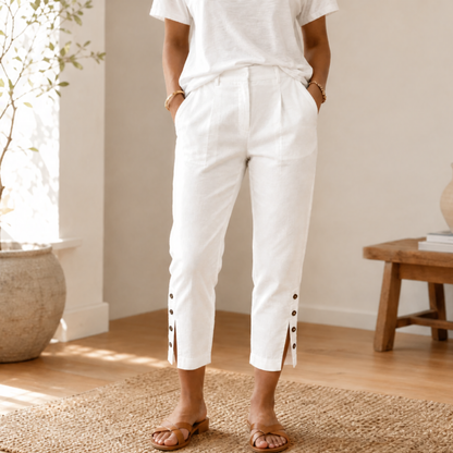 Button-Hem Cropped Cotton Pants — View 16 | Clova