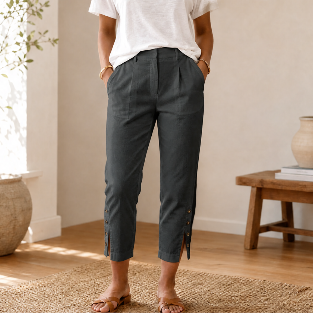 Button-Hem Cropped Cotton Pants — View 21 | Clova