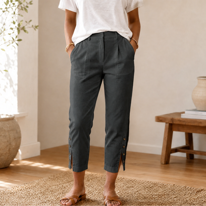 Button-Hem Cropped Cotton Pants — View 21 | Clova