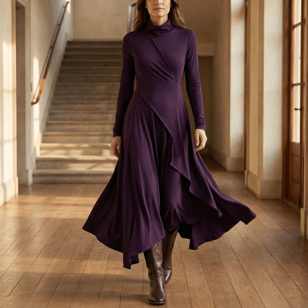 Asymmetrical Draped High Neck Maxi Dress