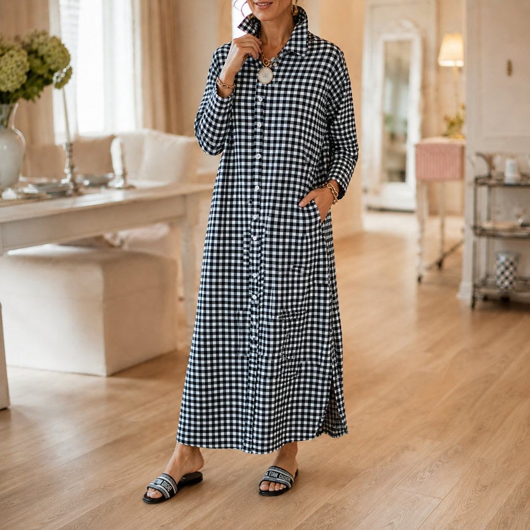 Gingham Button-Front Maxi Shirt Dress with Side Slits