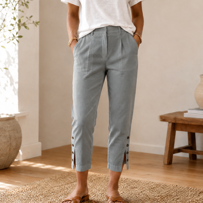 Button-Hem Cropped Cotton Pants — View 20 | Clova