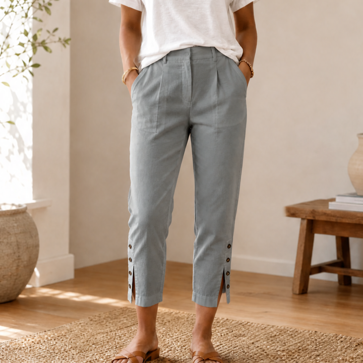 Button-Hem Cropped Cotton Pants — View 20 | Clova