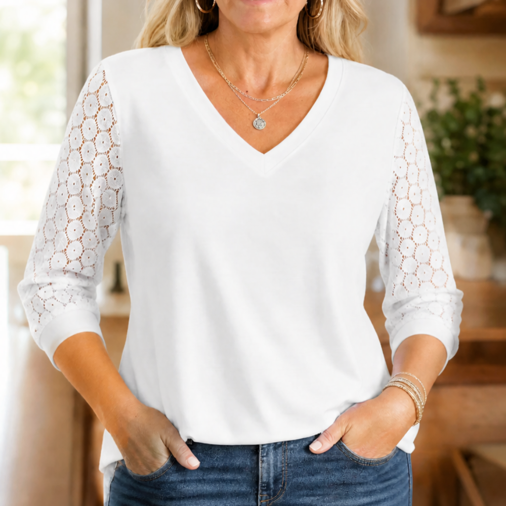 Crochet Lace Sleeve V-Neck Top — View 11 | Clova