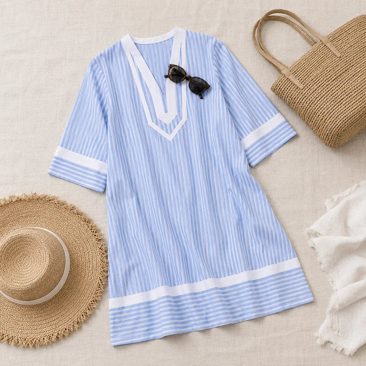 Striped V-Neck Tunic Dress with Pockets